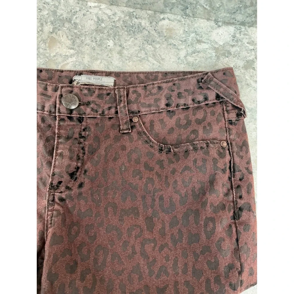 Free People Skinny Jeans 29 Brown Leopard Print Low Rise Animal Pattern Pockets